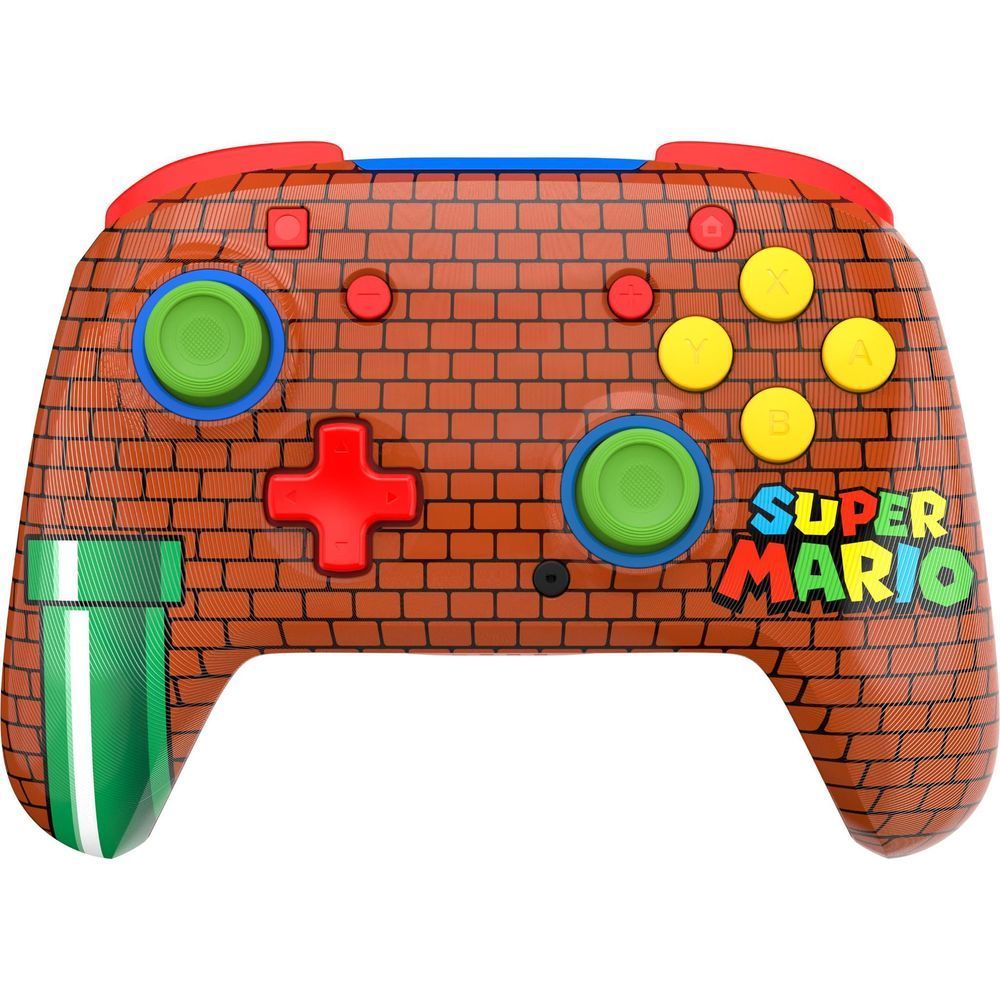 Mario brick-themed wireless controller front view with green thumbsticks, red D-pad, yellow buttons