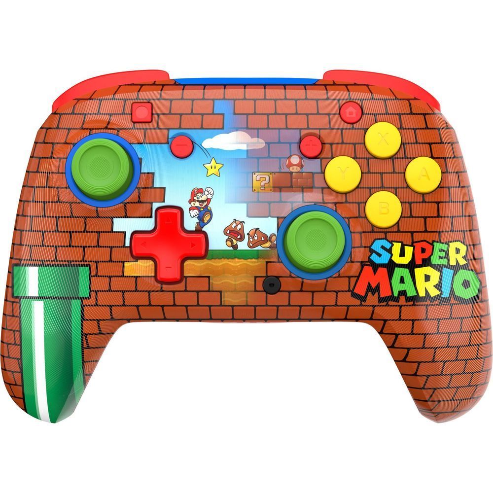 Wireless game controller with Mario brick artwork, green thumbsticks, red D-pad, and yellow buttons