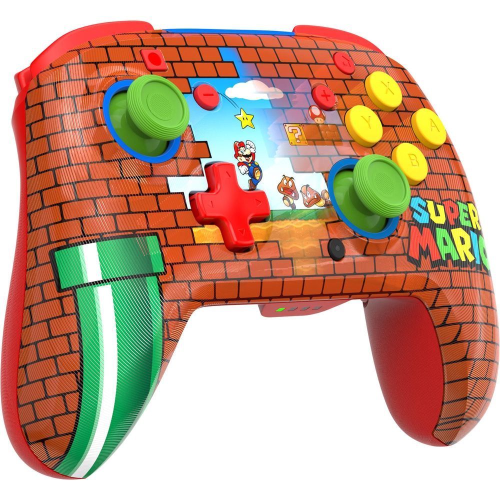 Wireless game controller with Mario brick graphics, green thumbsticks, red cross button, yellow A/B