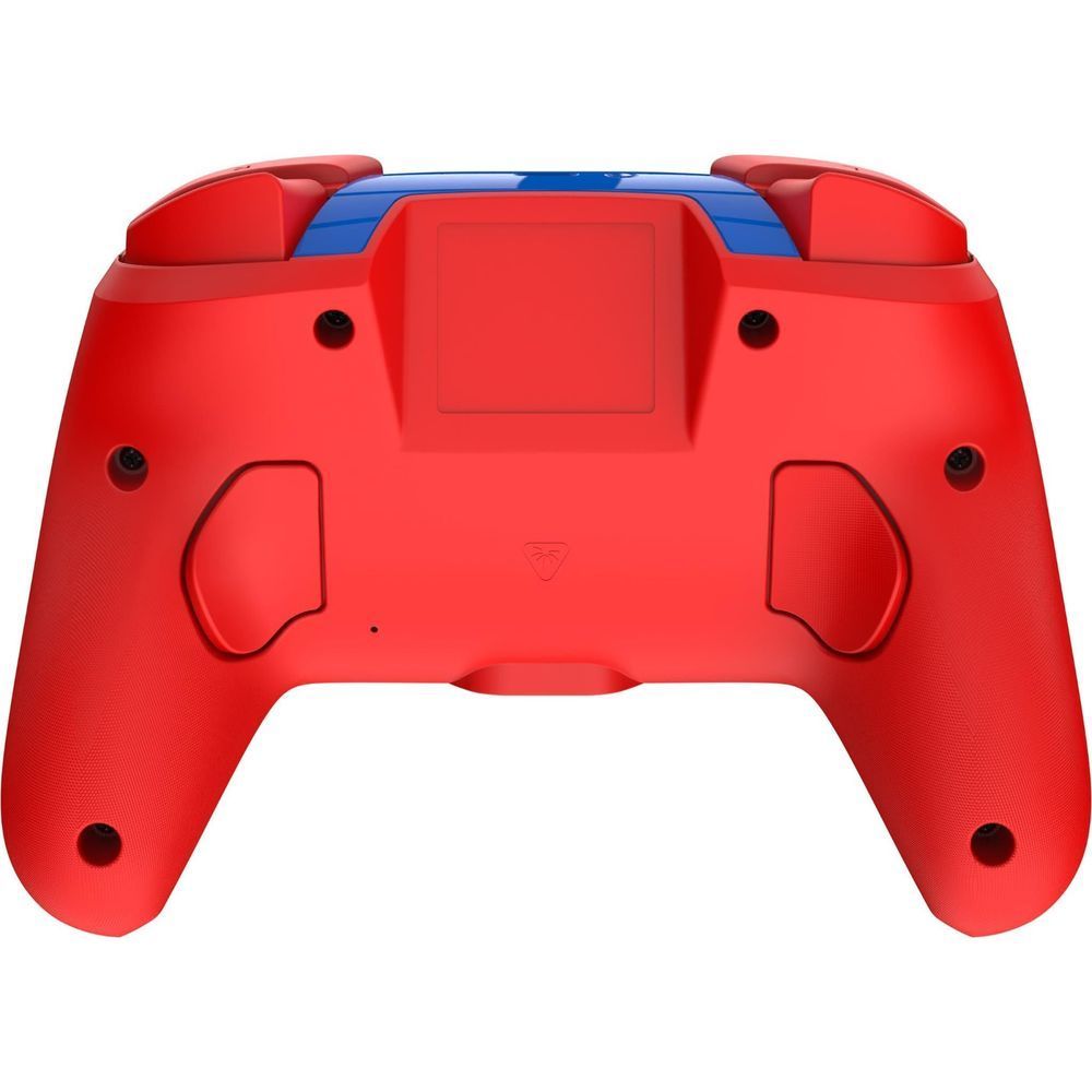 Red back of a wireless game controller with molded grips and central battery panel