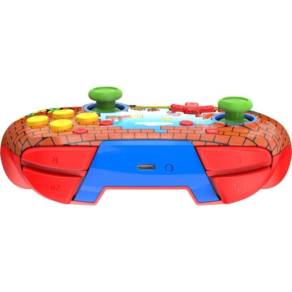 Top view of wireless game controller with blue center, red shell, and brick-themed button layout
