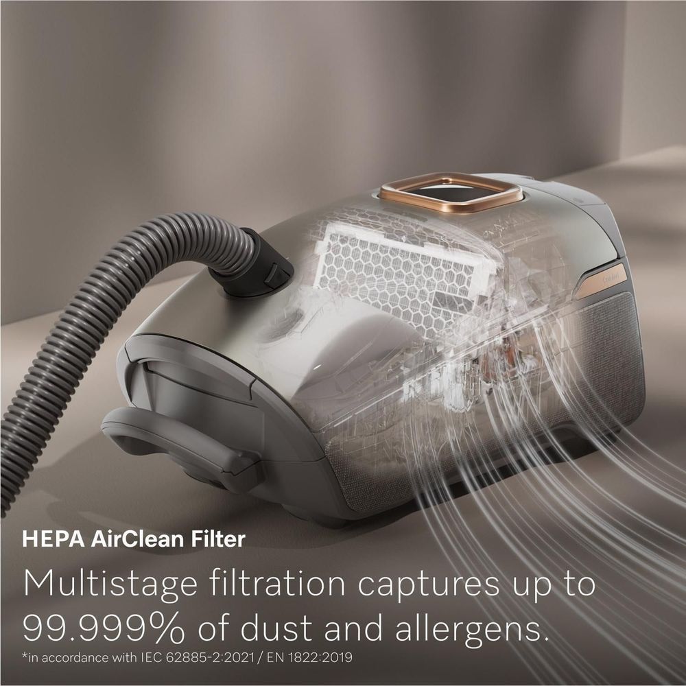 Miele HEPA AirClean filter on titanium pearl vacuum cleaner with airflow illustration