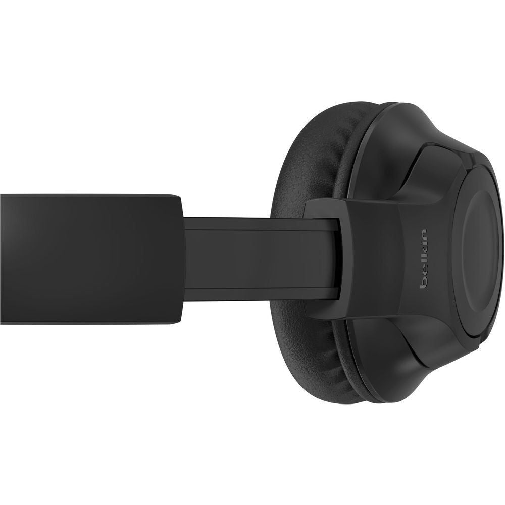 Black over-ear wired headset ear cup with cushioned pad and hinge pivot