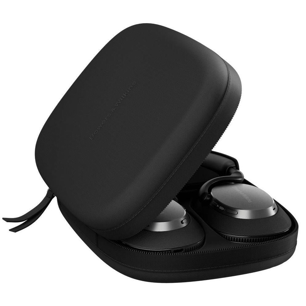 Over-ear headphones in anthracite black resting in a protective carrying case