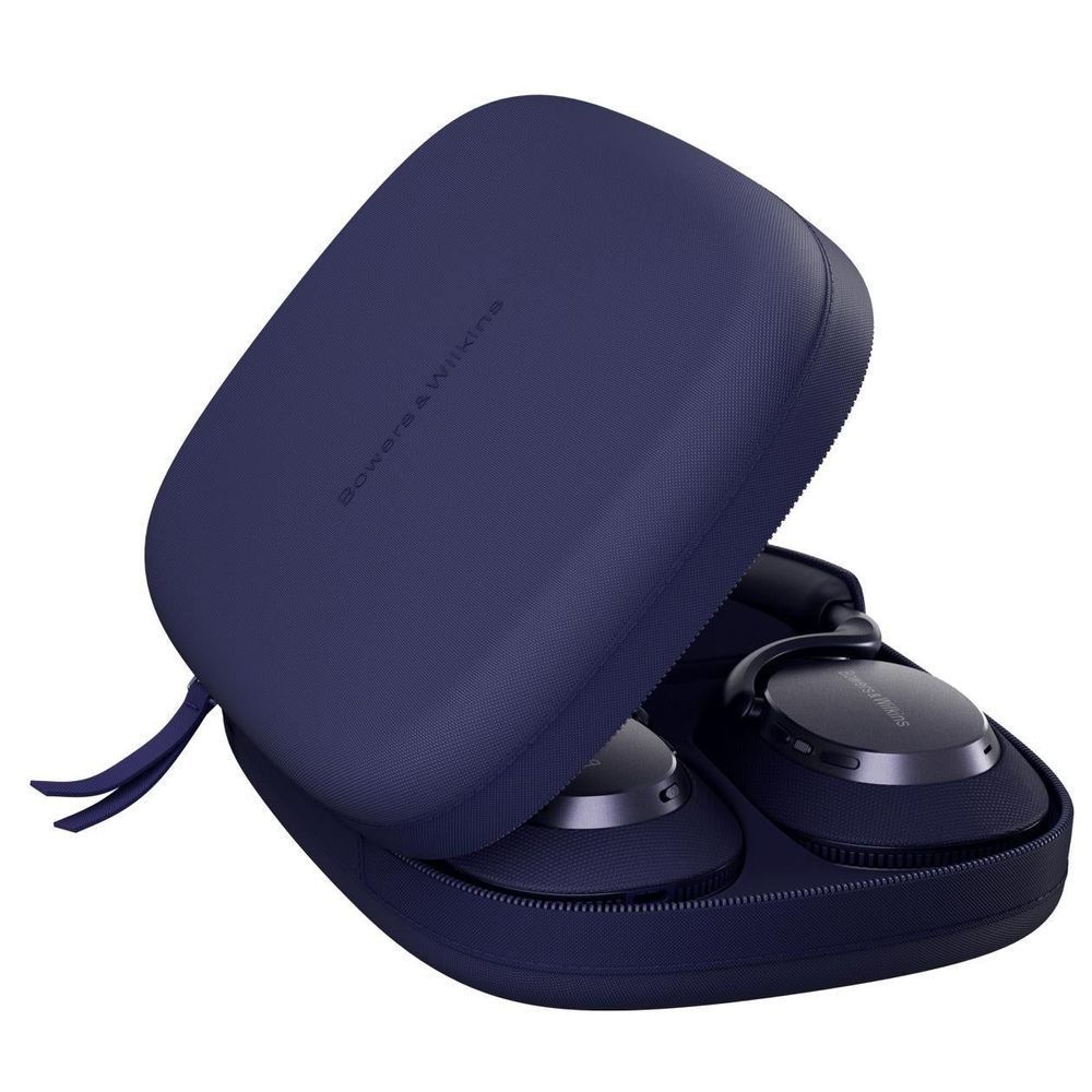 Indigo blue over-ear headphones resting in a soft zip case