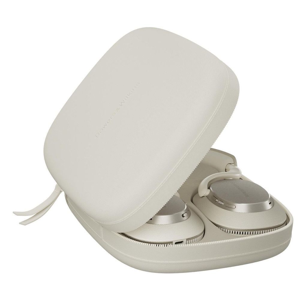 Canvas white over-ear headphones in a soft protective case, headband extended.
