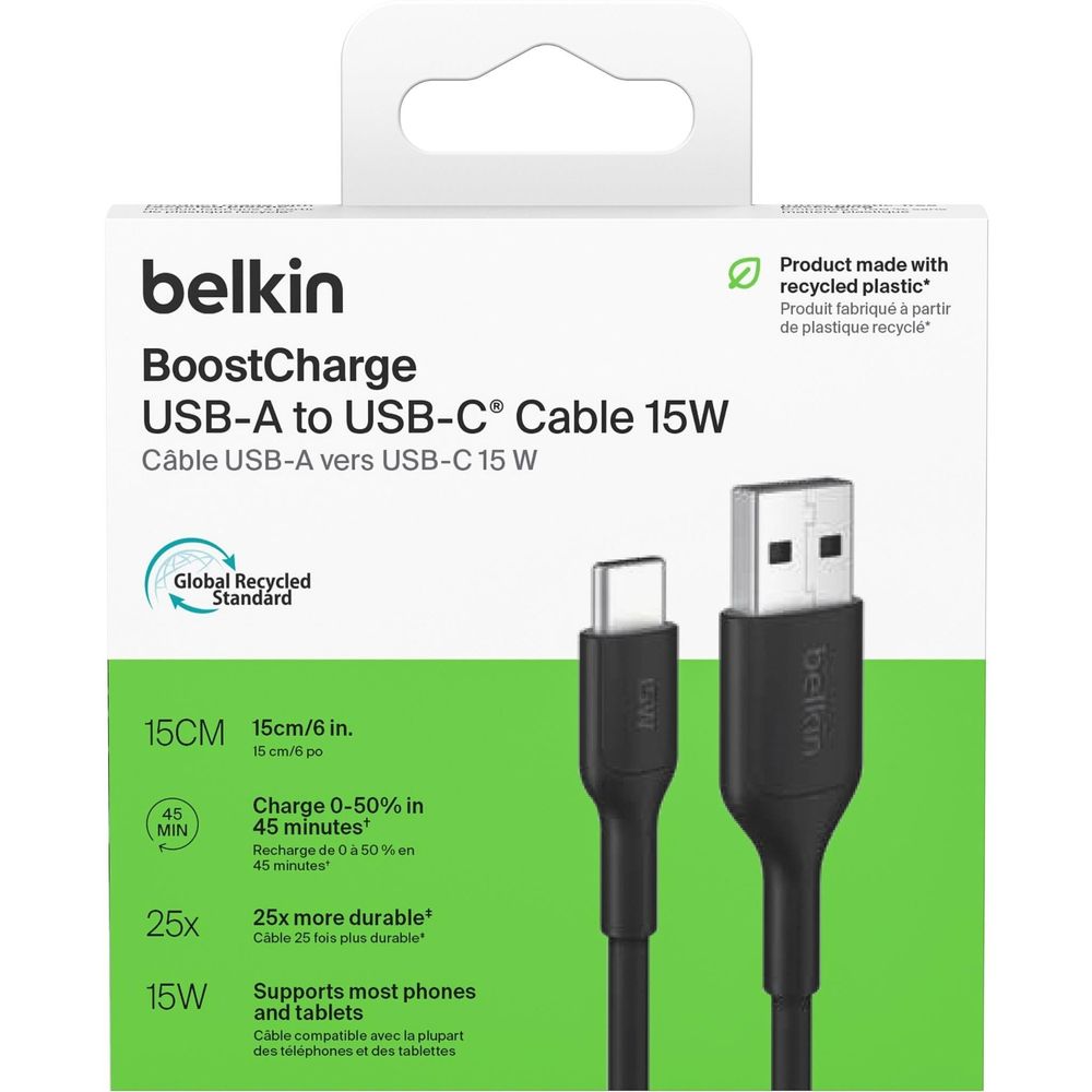 Belkin BoostCharge USB-A to USB-C 15W Cable [15cm] (Black)