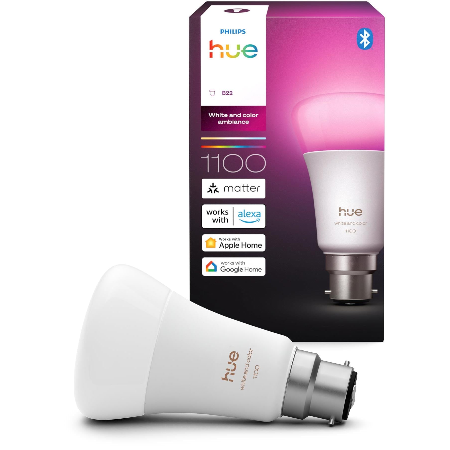 Smart color light bulb with B22 base, white body and silver screw cap