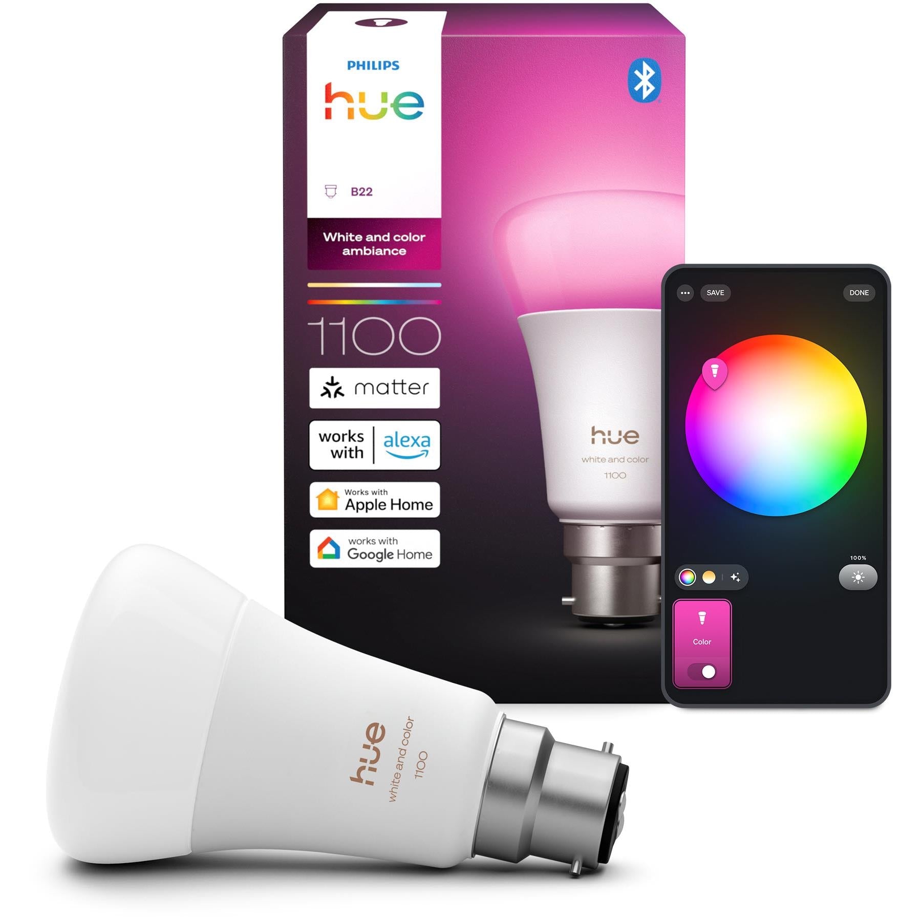 Smart color light bulb with B22 base, white glass body and silver screw cap