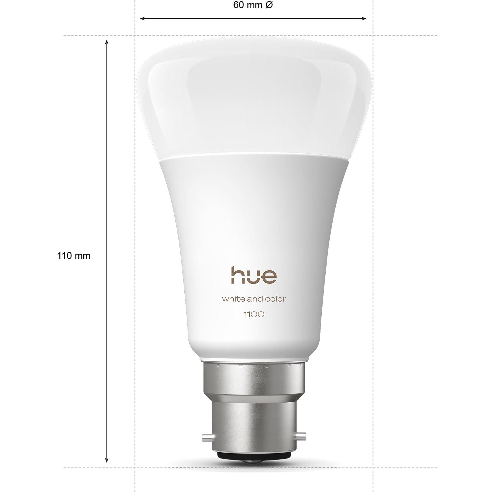White smart LED bulb with B22 screw base, rounded top and printed “Hue” logo