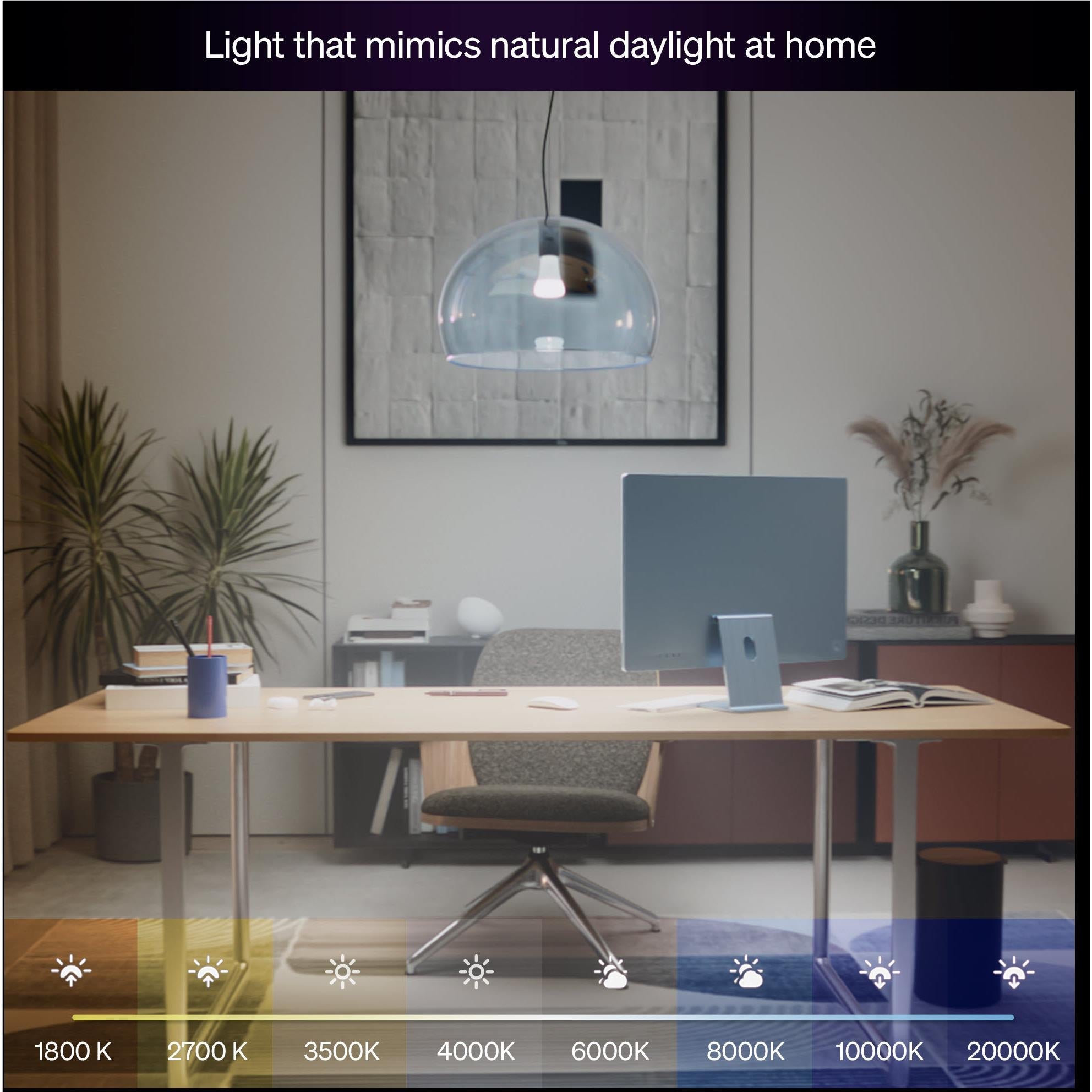 Smart LED bulb emitting warm white light, visible bulb shape in room scene