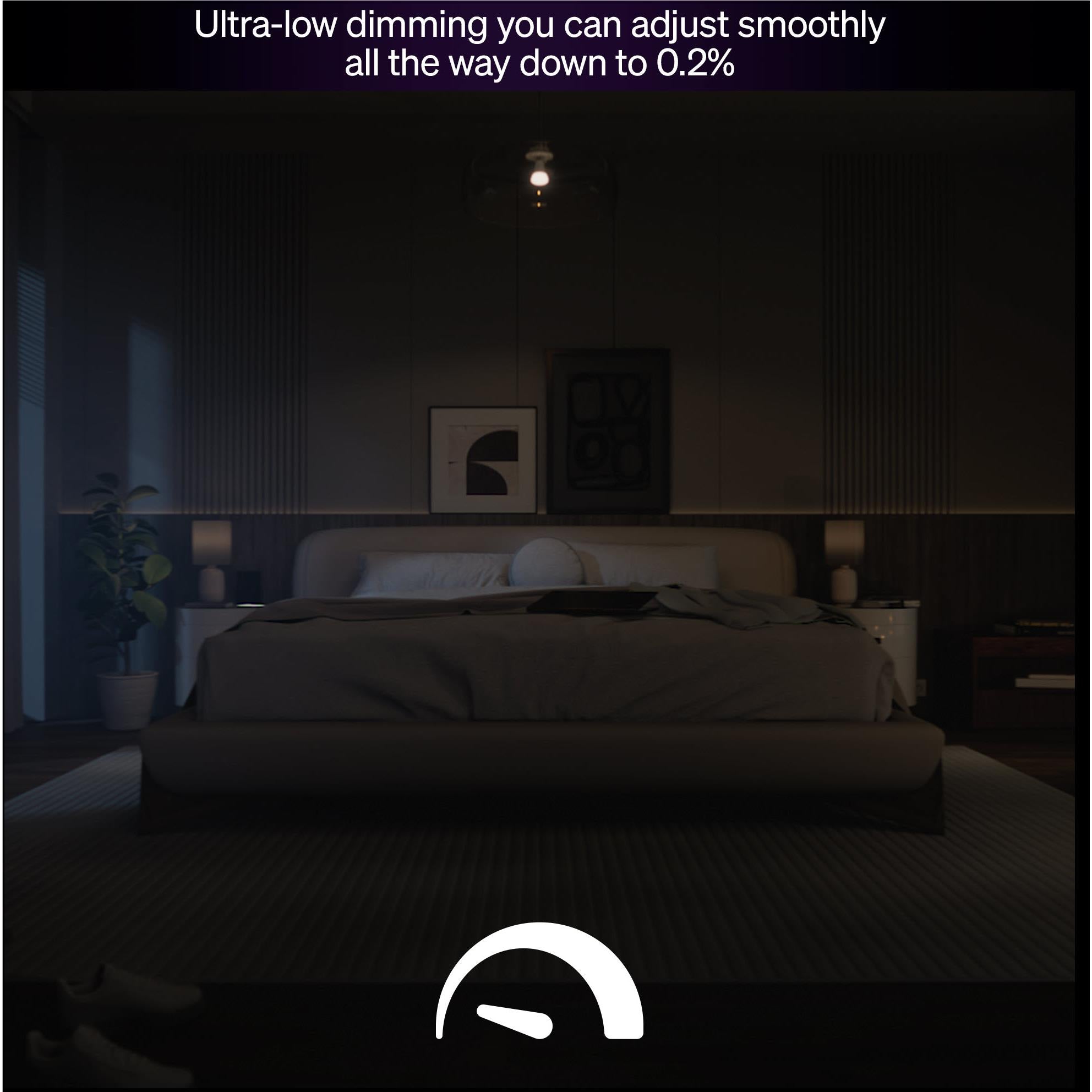 Smart LED bulb emitting dim warm light, visible bulb glow in bedroom scene