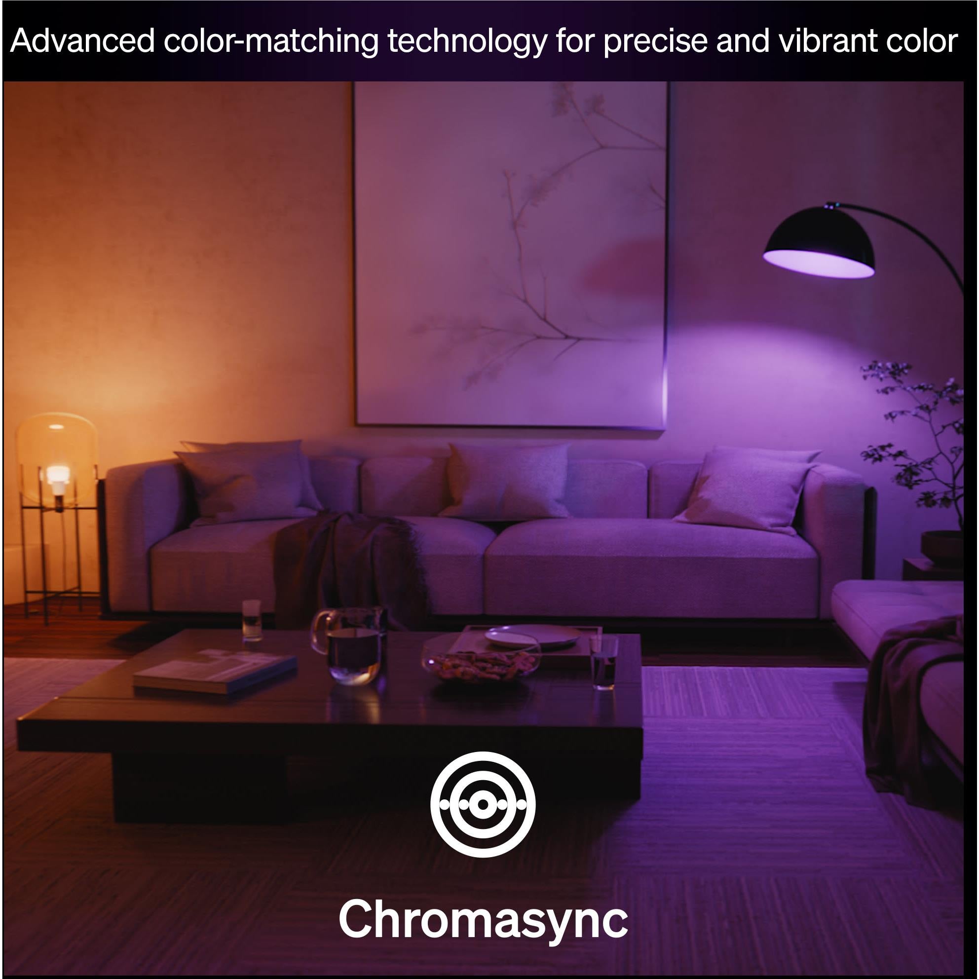 Smart LED bulb emitting purple and blue light, visible bulb glow in living room