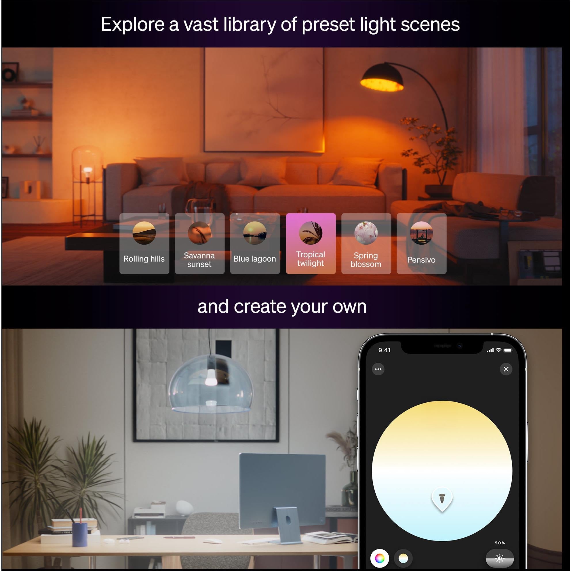 Smart LED bulb emitting warm amber light, bulb glow shown with phone app view