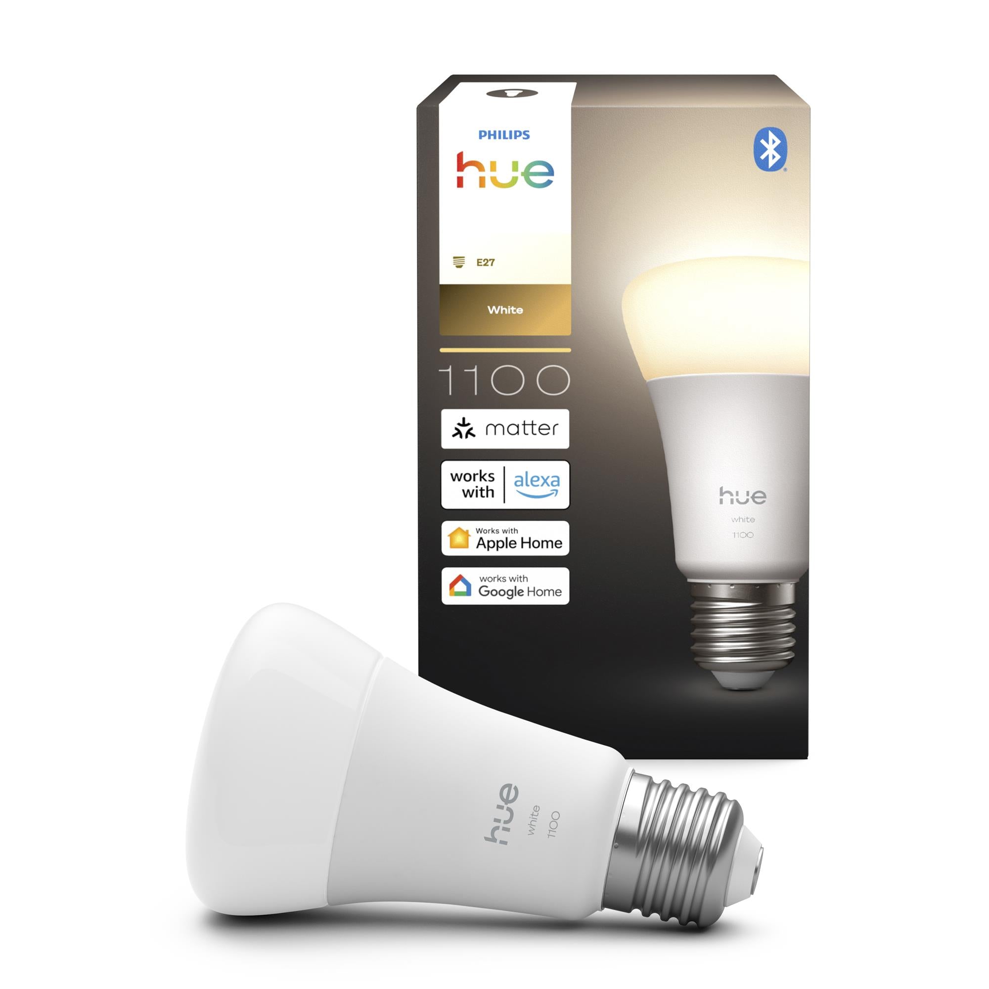 Warm white smart light bulb with E27 screw base, shown with two bulbs and retail box