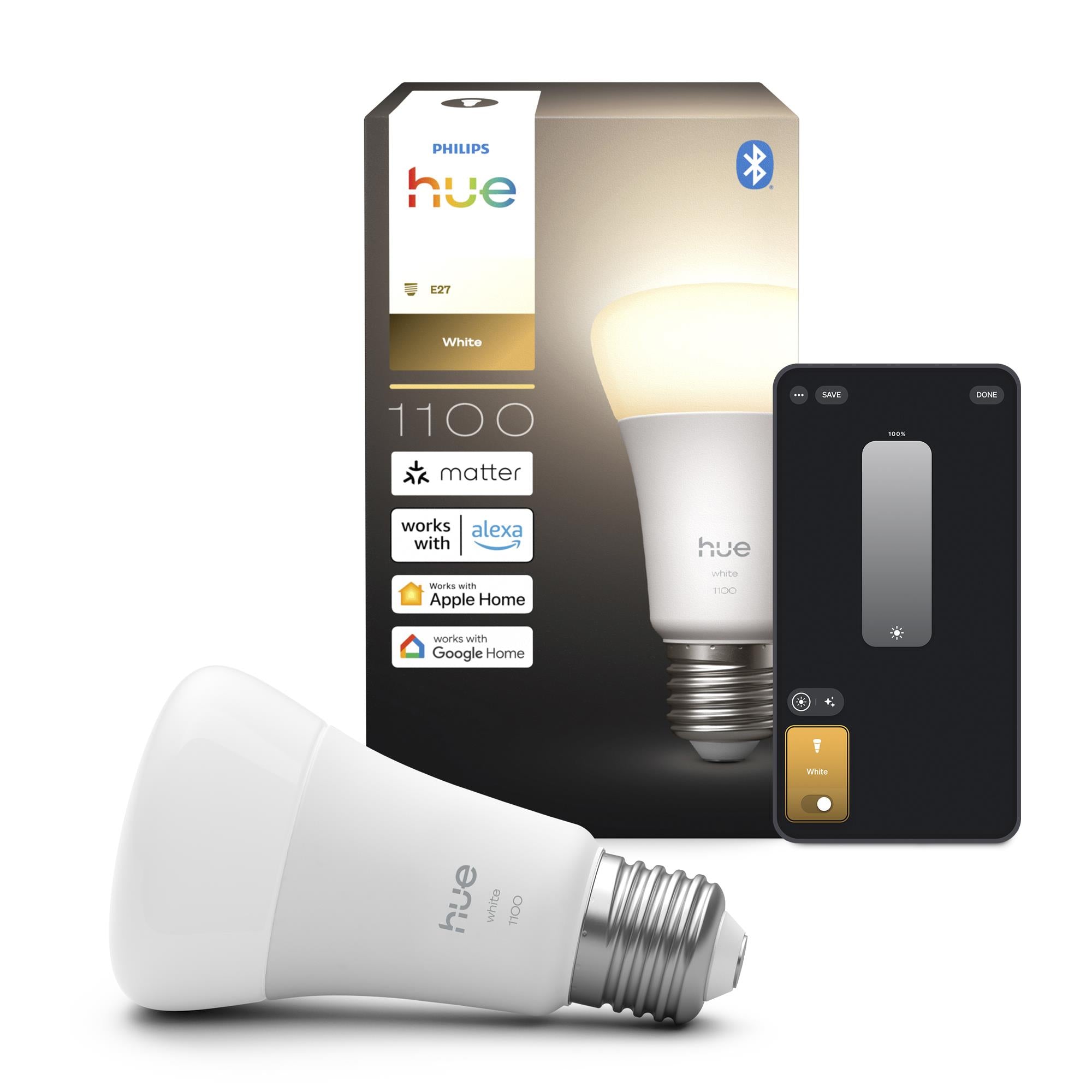 Warm white E27 smart light bulb with app screen, retail box and smartphone shown