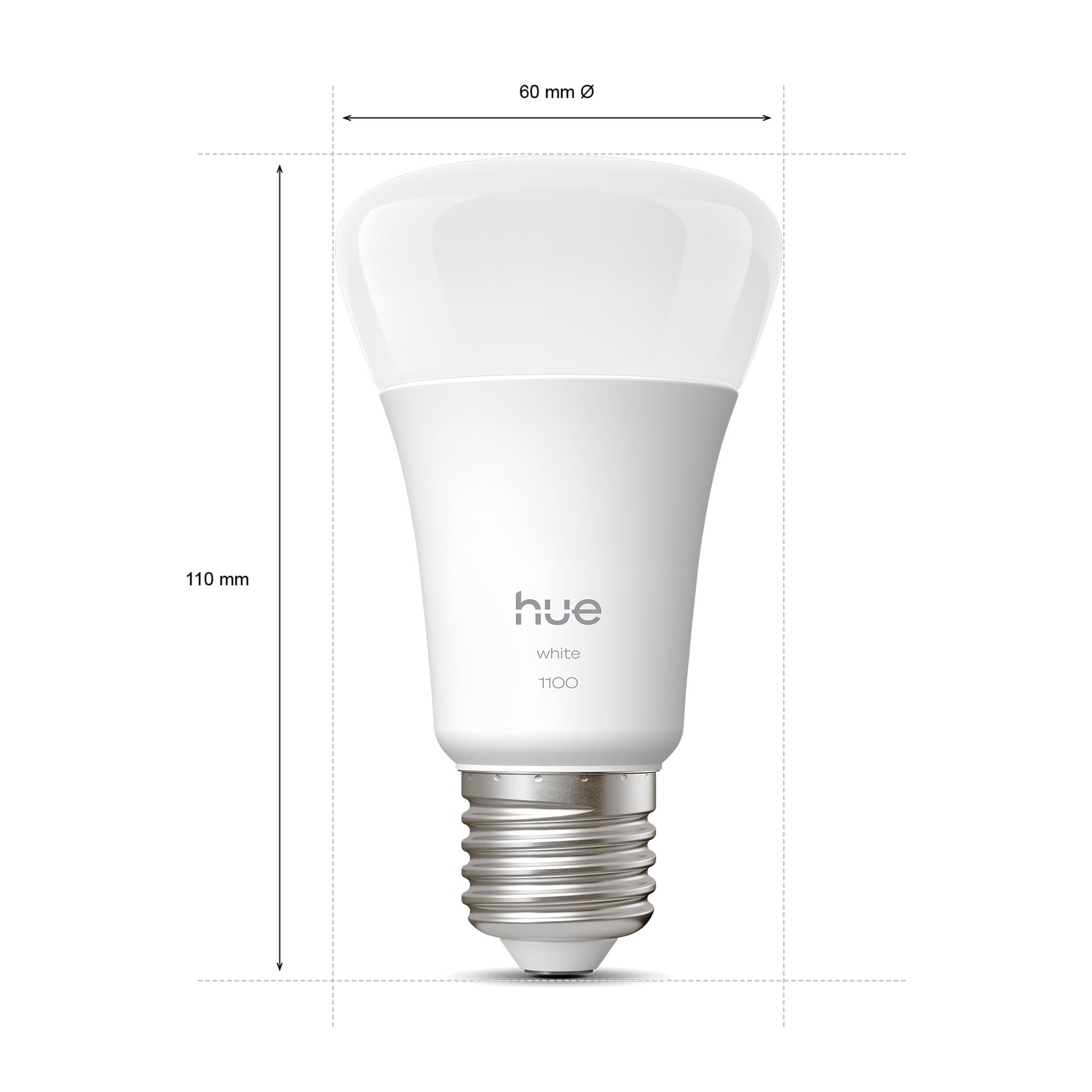 White E27 smart light bulb dimensions: 110 mm height, 60 mm diameter