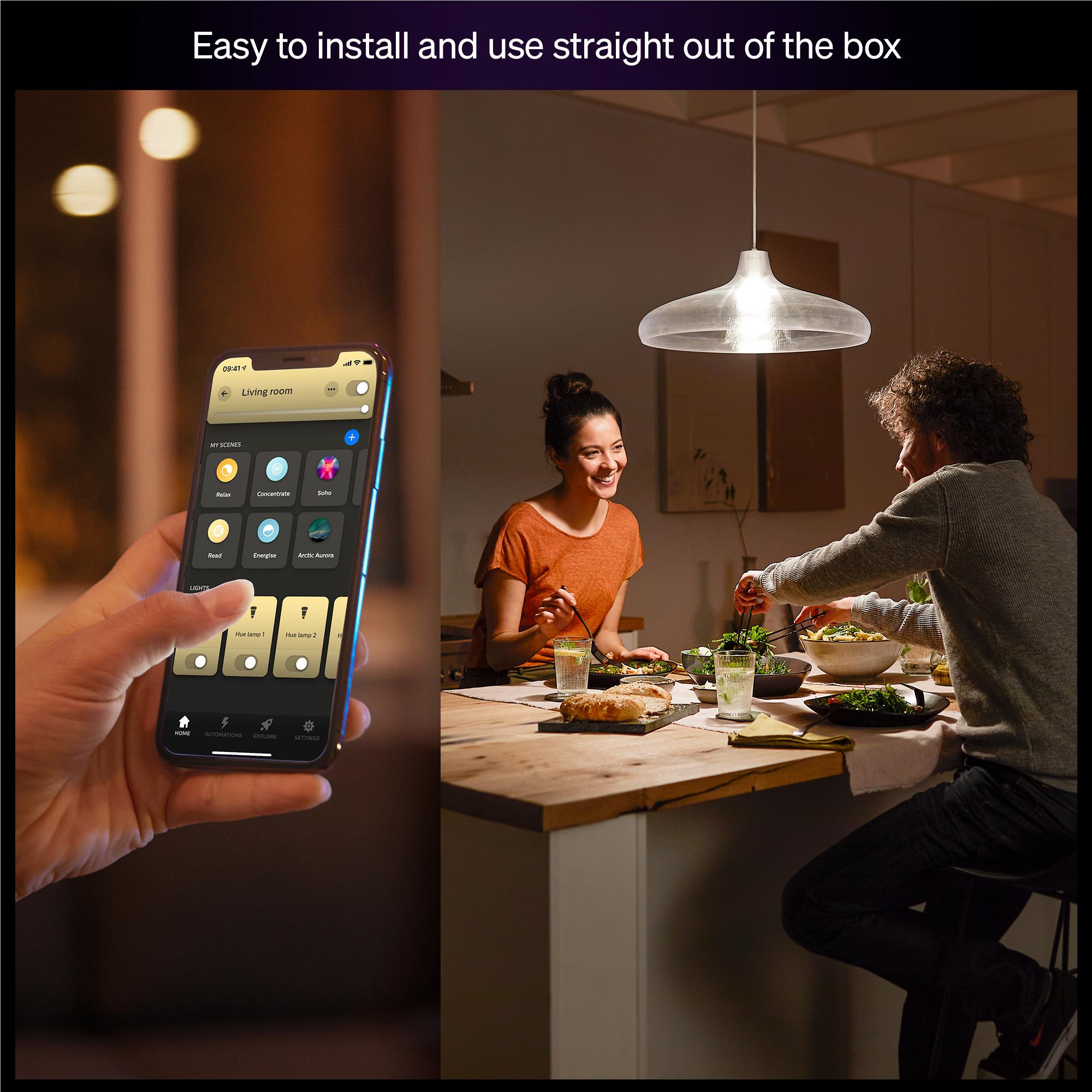 Warm white smart bulbs controlled from smartphone app above dining table