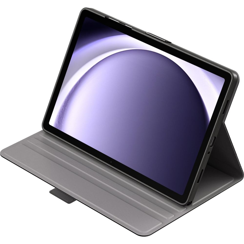Black slim folio tablet case with gray stand, tablet in portrait view