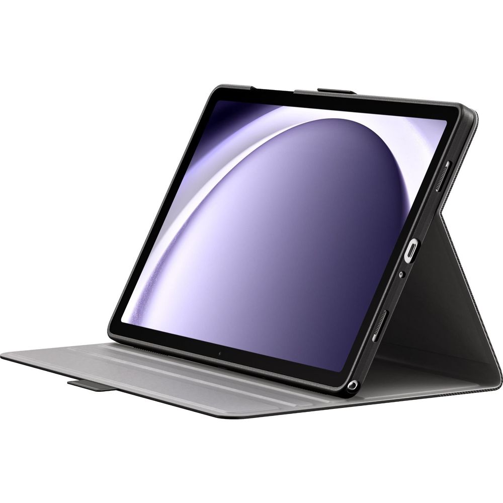 Black folio tablet case with gray stand, tablet angled for viewing