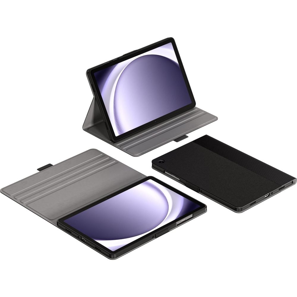 Black slim protective tablet case with fold-out stand, tablet shown in landscape