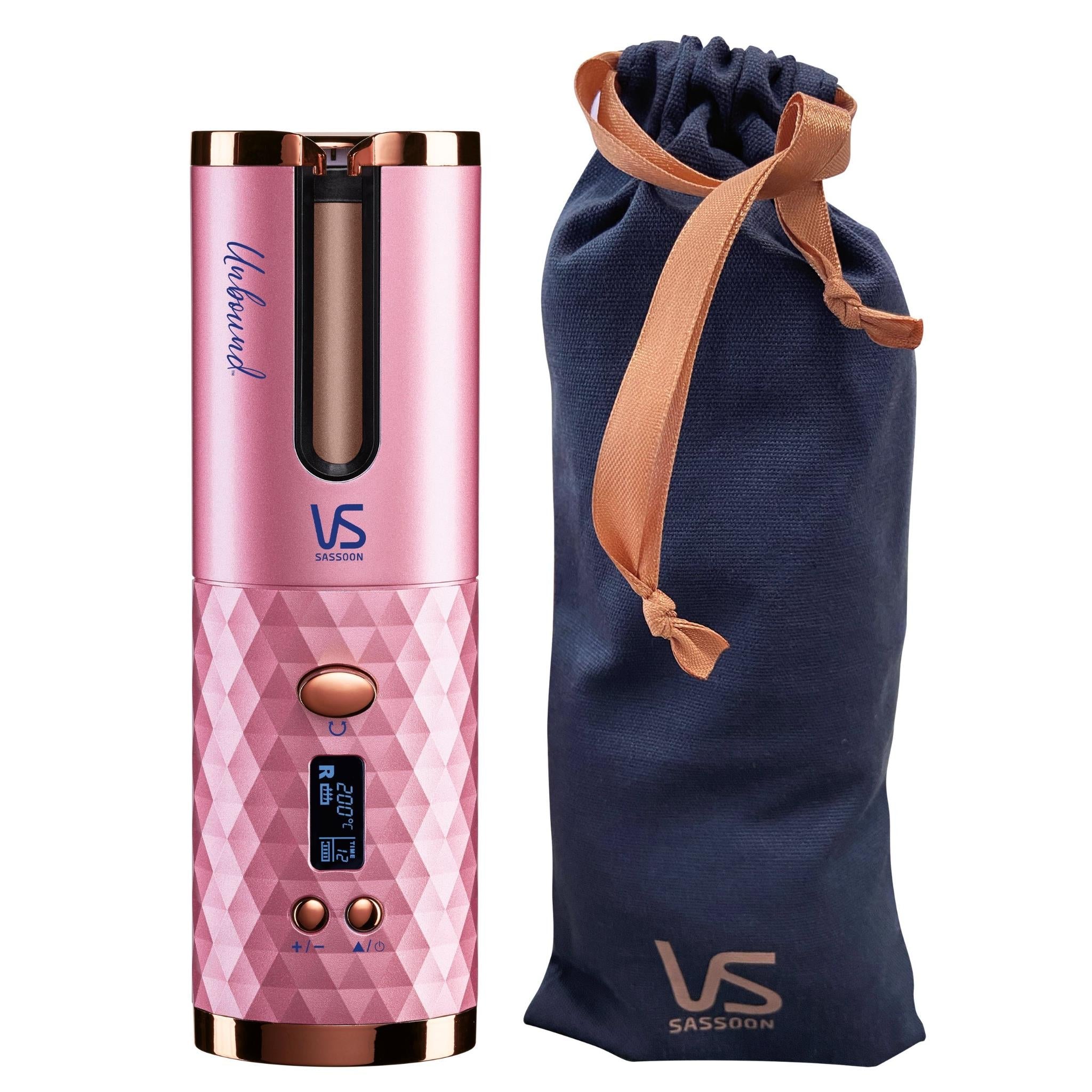 Pink cordless auto hair curler with protective storage pouch