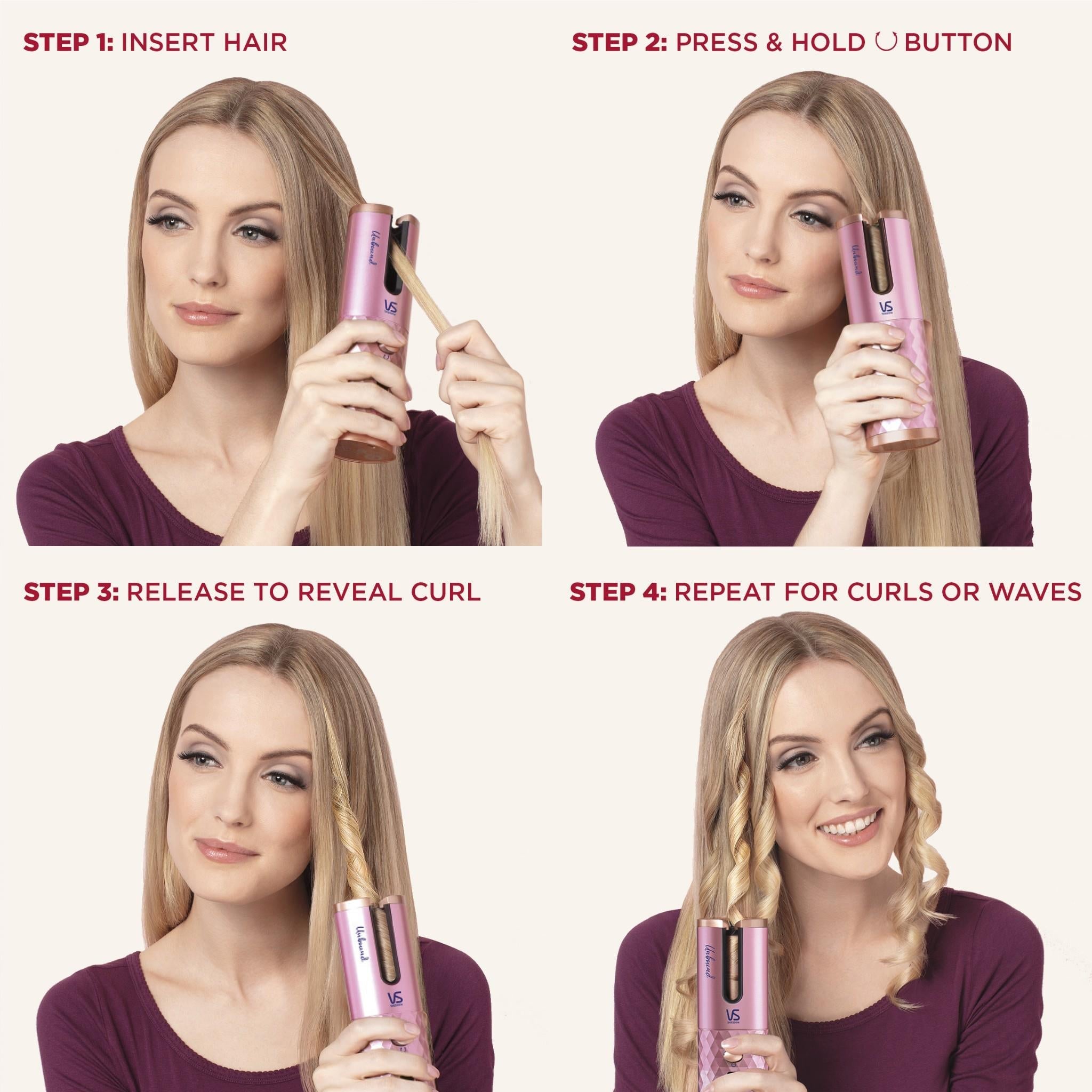 Pink cordless auto hair curler held in hand while styling hair
