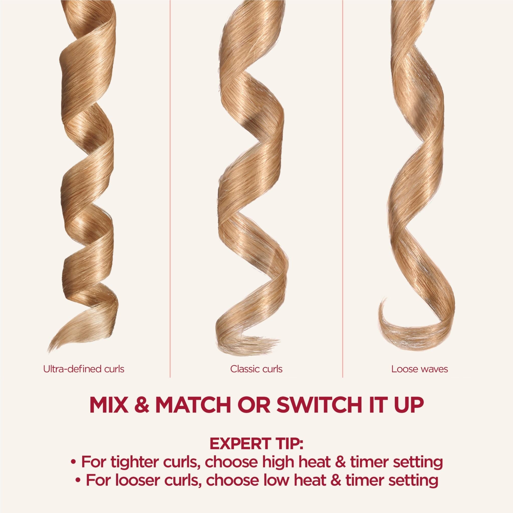 Three styled hair strands showing ultra-defined, classic curls, and loose waves
