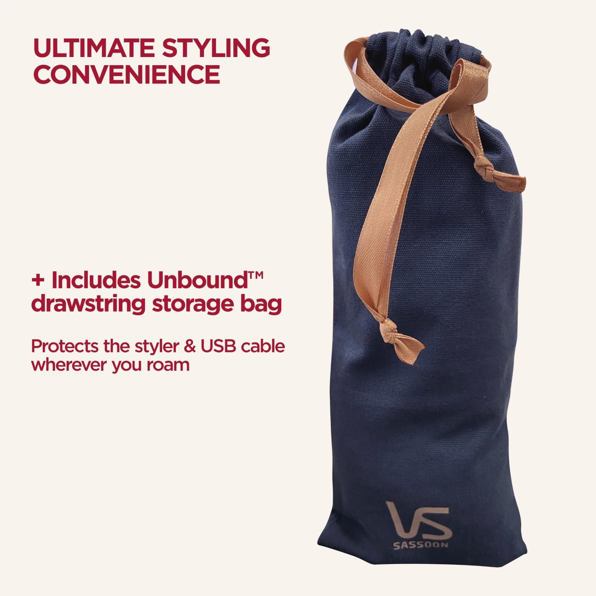 Navy drawstring storage bag for hair curler with VS Sassoon logo