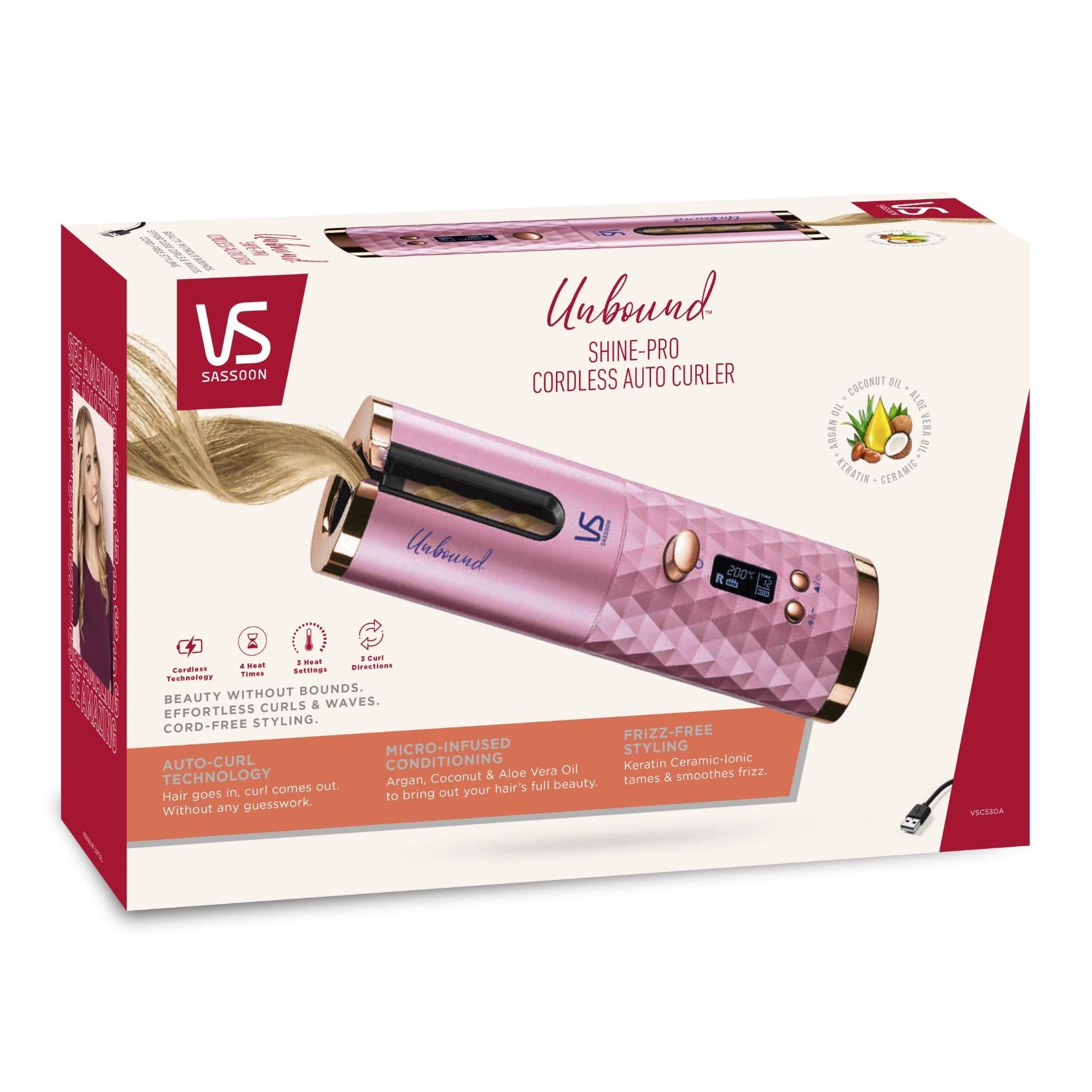 Unbound Shine-Pro cordless auto hair curler retail box with pink curler