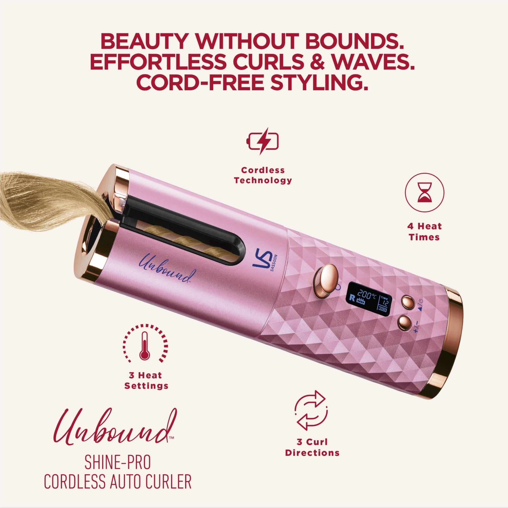 Pink cordless auto hair curler with black curling chamber and gold trim