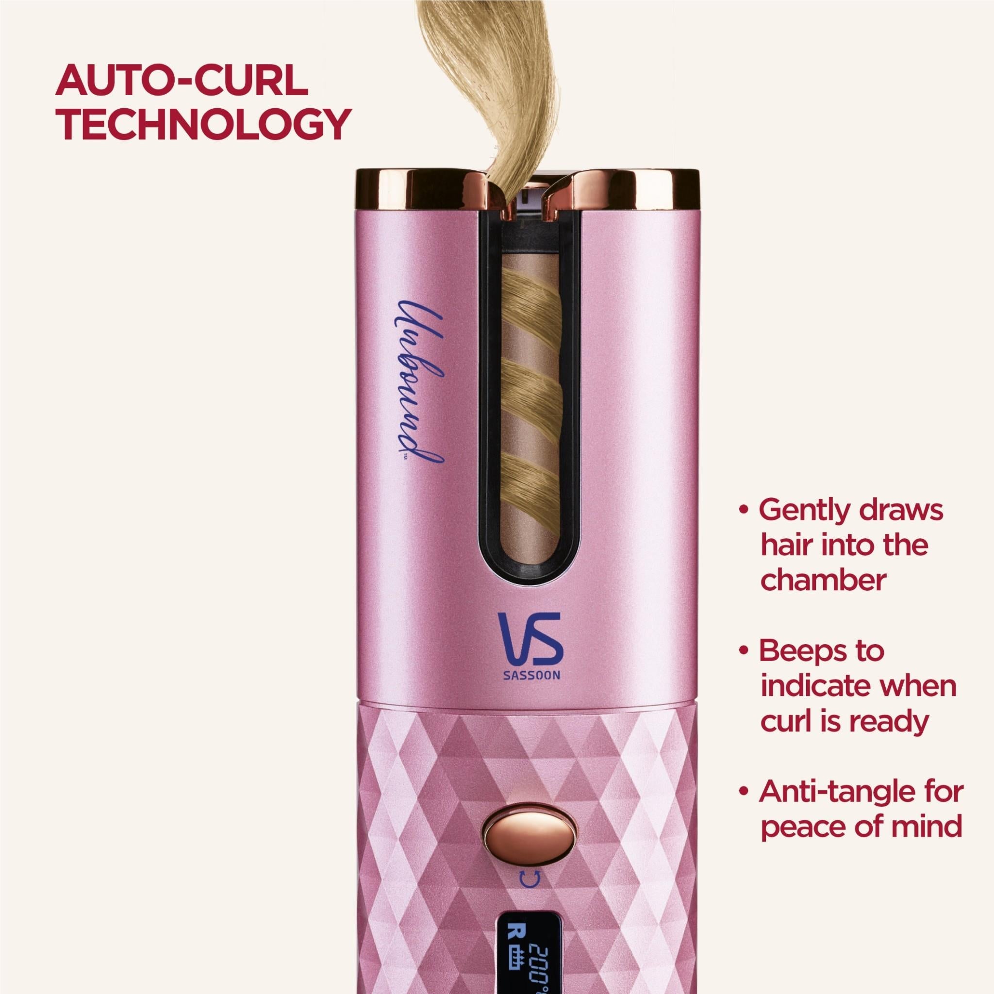 Pink cordless auto hair curler front view with heat display and controls