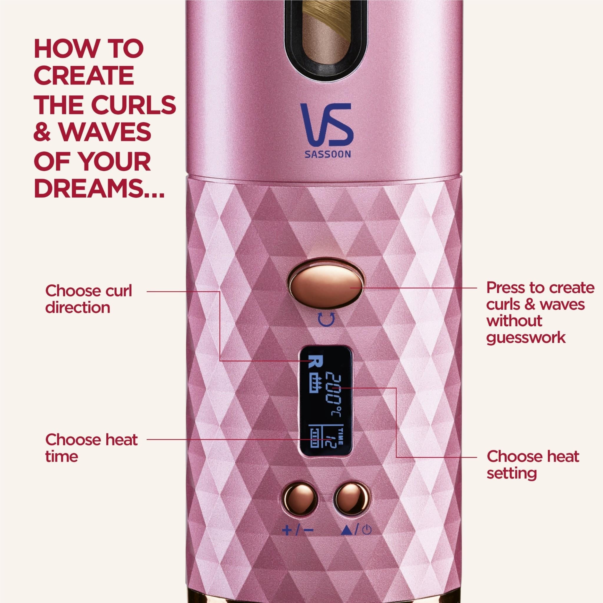 Pink auto hair curler control panel with buttons and small digital display