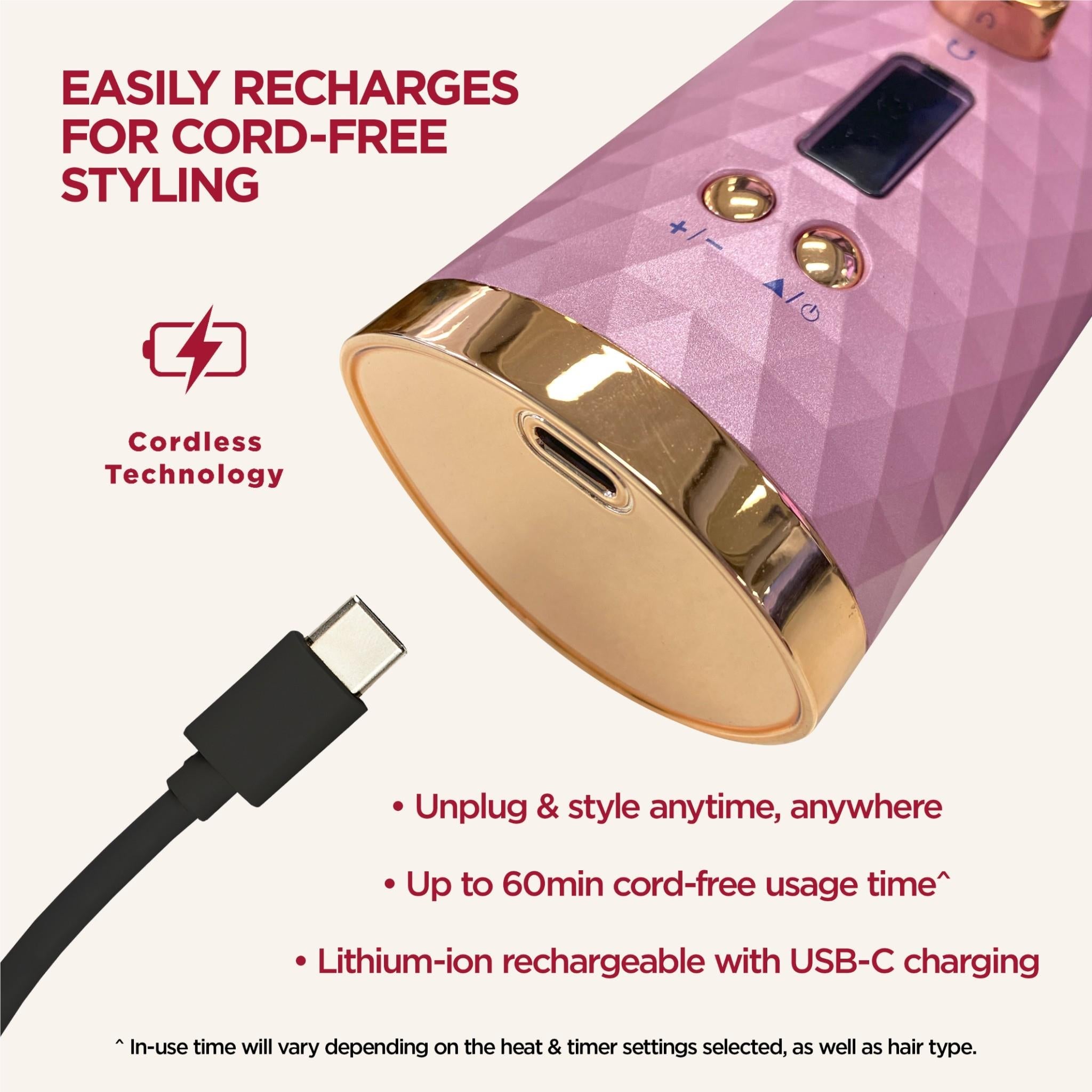 Pink cordless auto hair curler angled view with USB-C charging cable