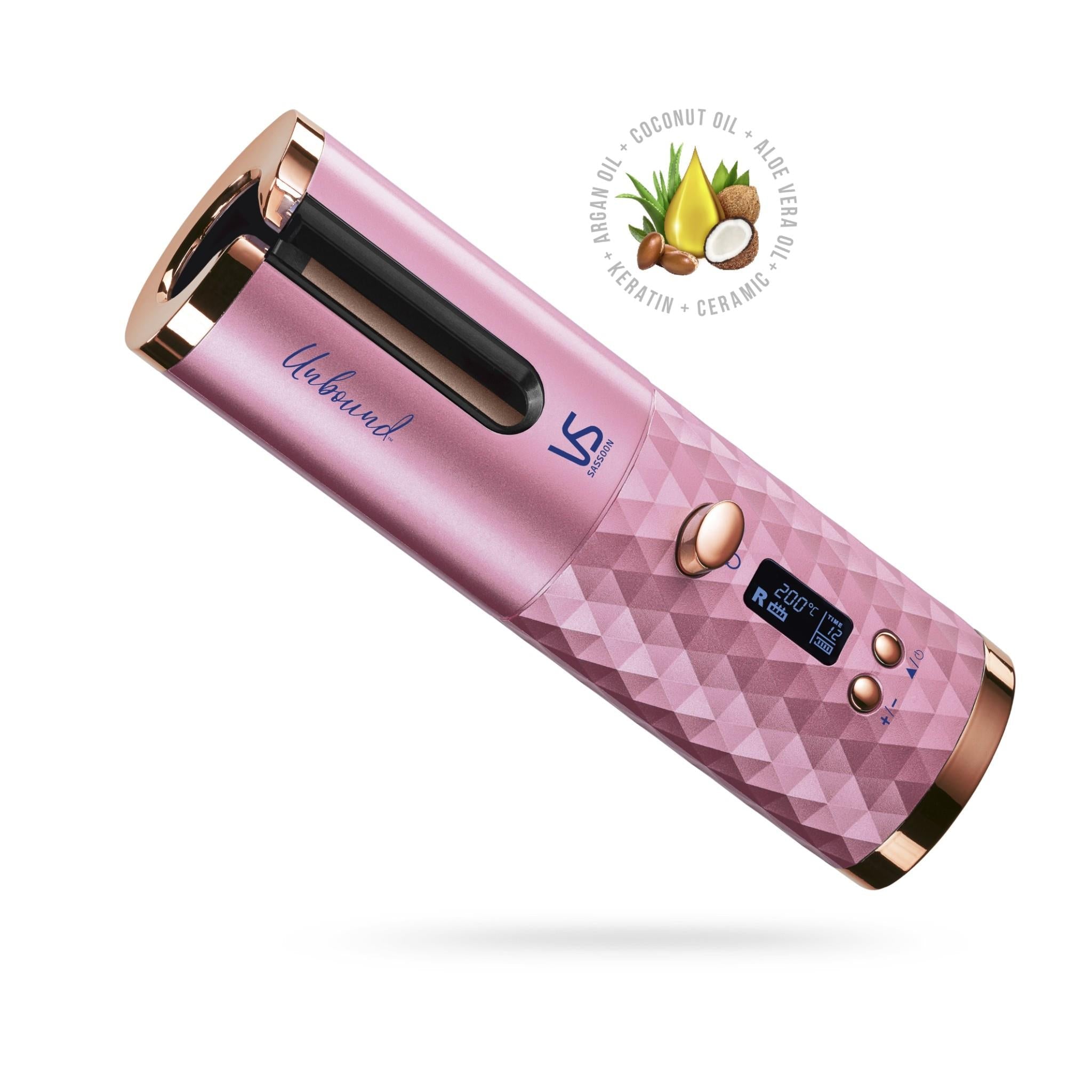 Pink cordless auto hair curler angled view with black barrel window
