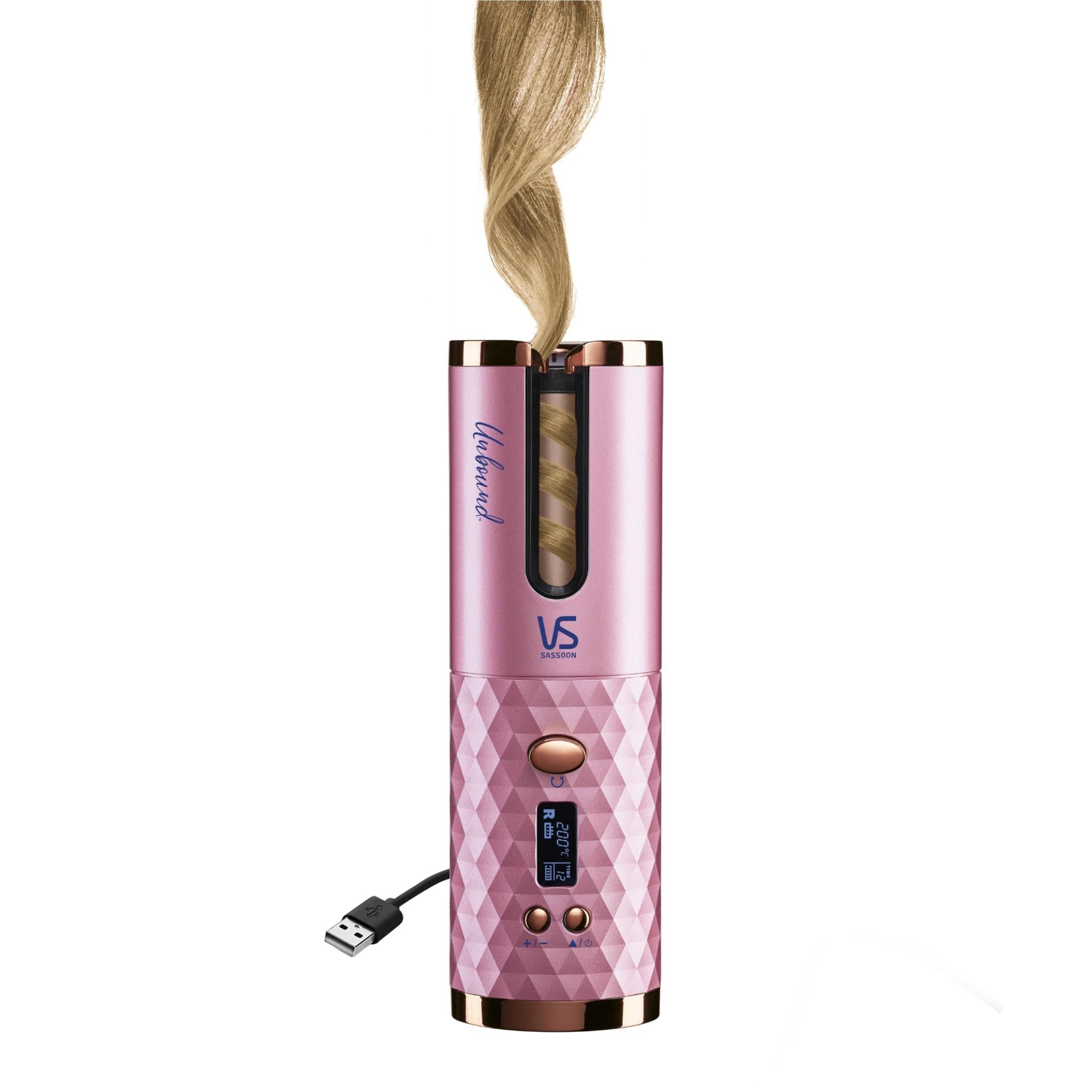 Pink cordless auto hair curler standing with USB-C plug and hair strand
