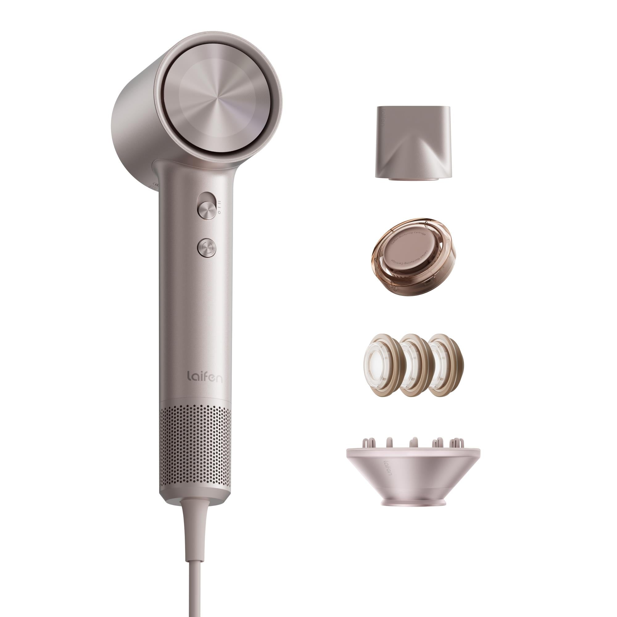 Platinum hair dryer with round nozzle and detachable attachments