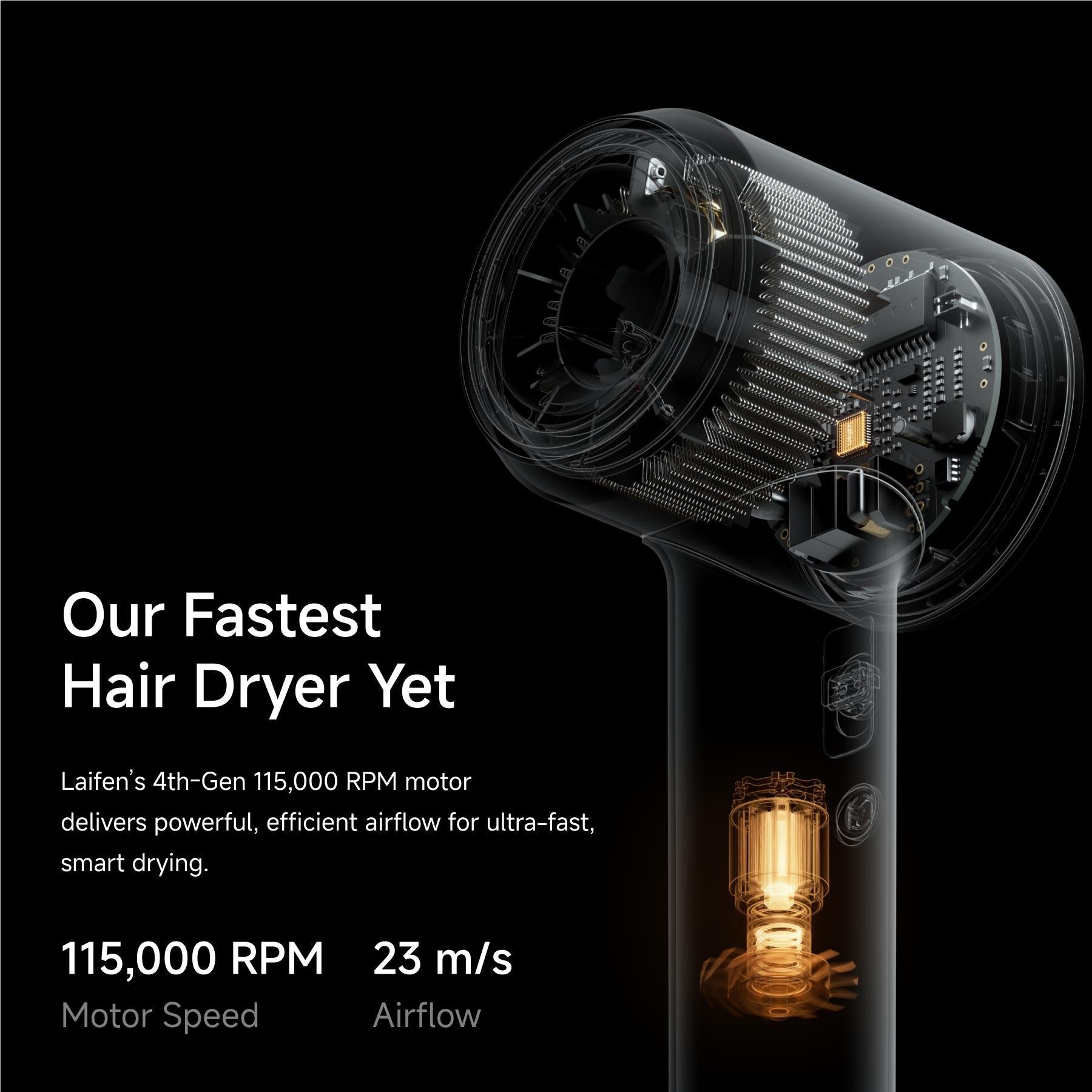 Platinum hair dryer with visible internal fan and airflow components, cutaway view