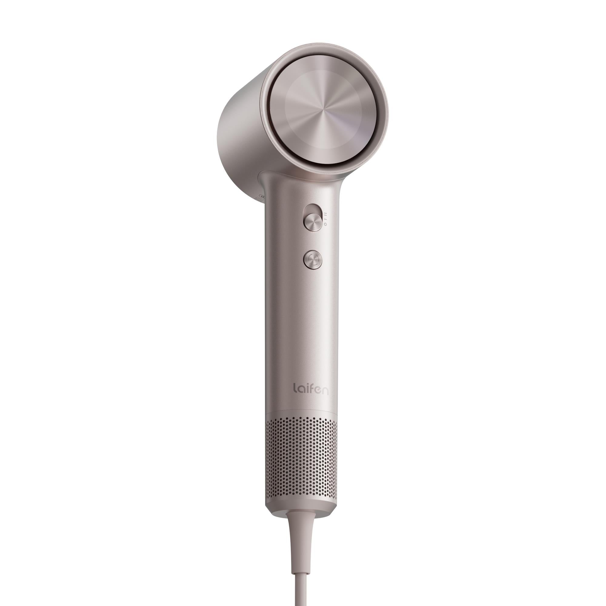 Platinum hair dryer with circular nozzle and power buttons