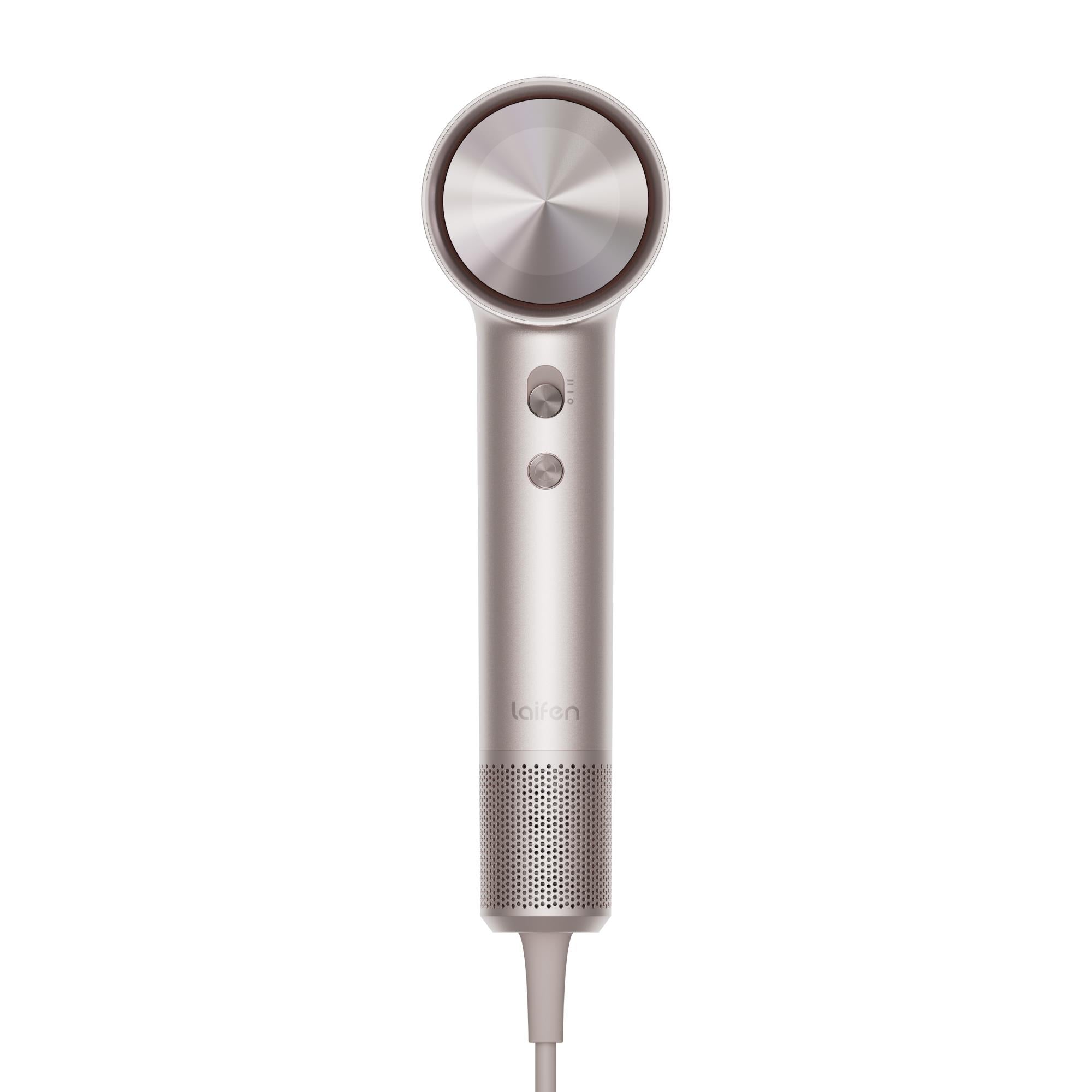 Platinum hair dryer with side controls and circular nozzle