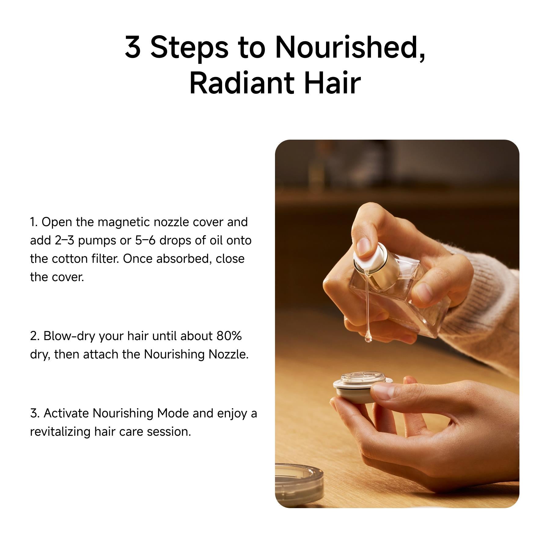 Hair dryer nourishing nozzle cover with oil drop application