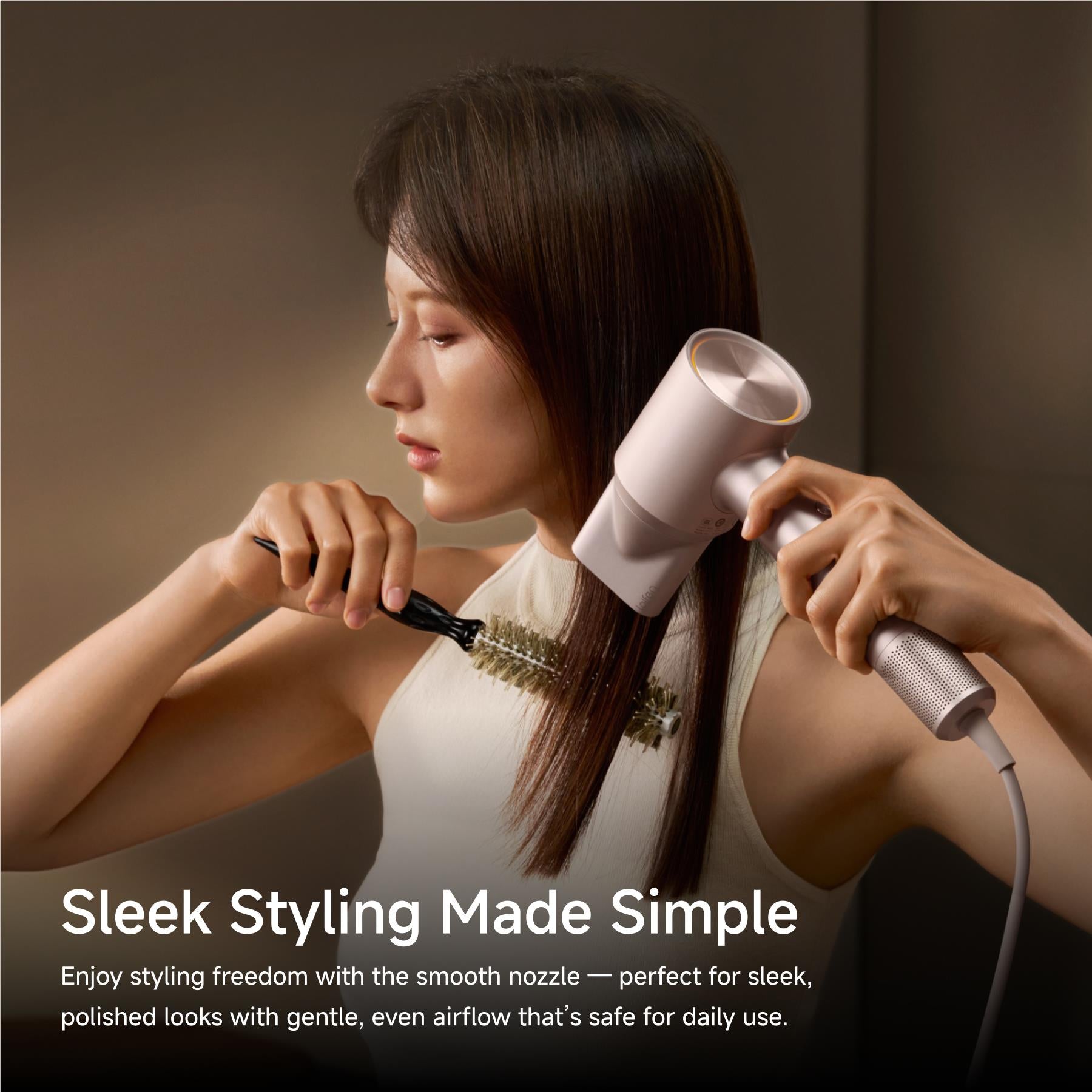 Smart hair dryer in use for sleek styling on hair