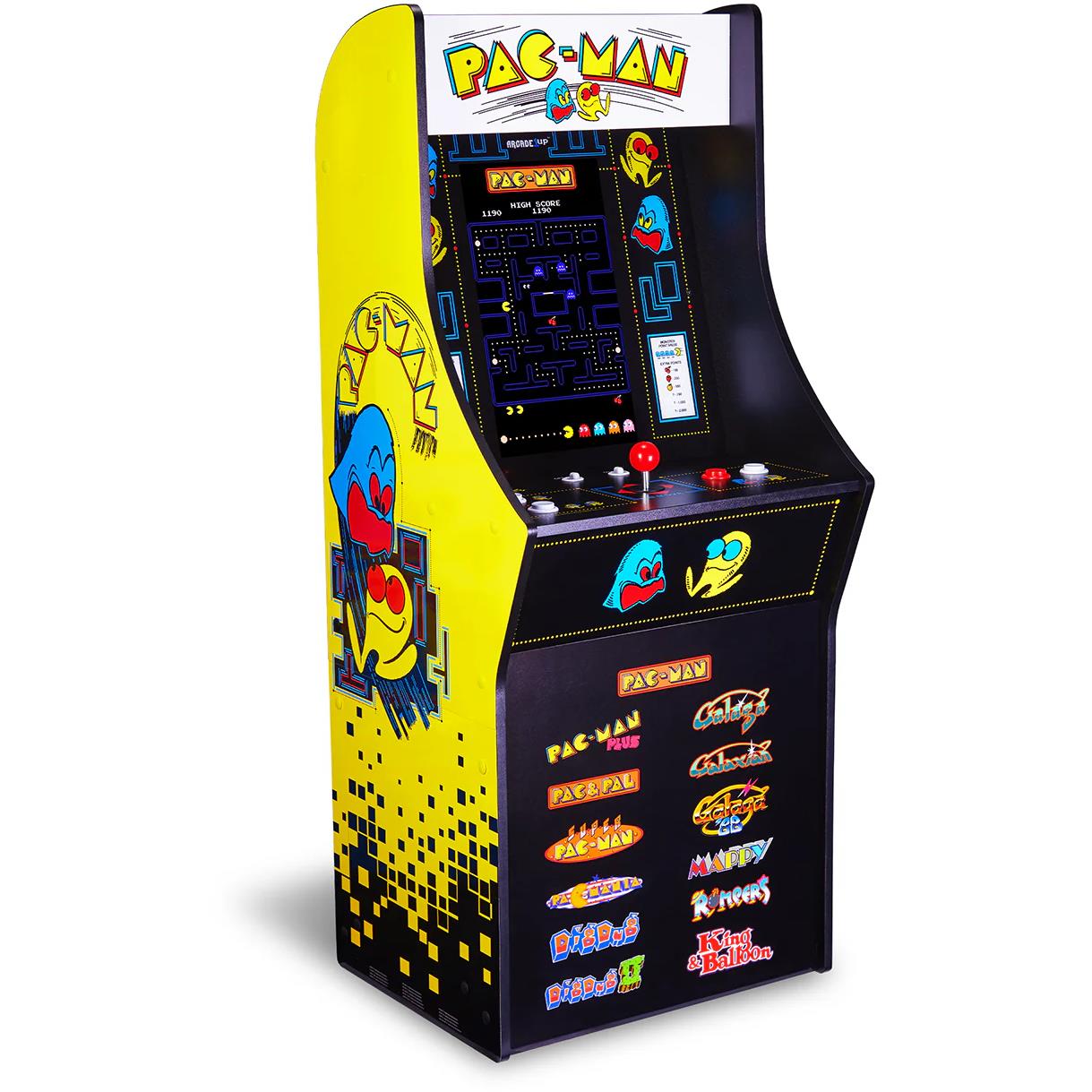 PAC-MAN stand-up arcade cabinet with screen and control panel, yellow side art