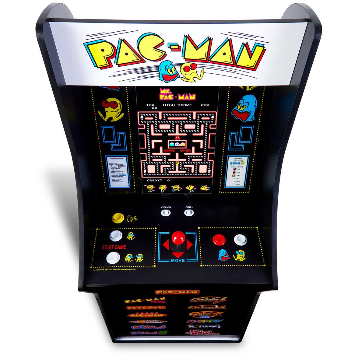 PAC-MAN stand-up arcade cabinet front with joystick buttons and maze artwork