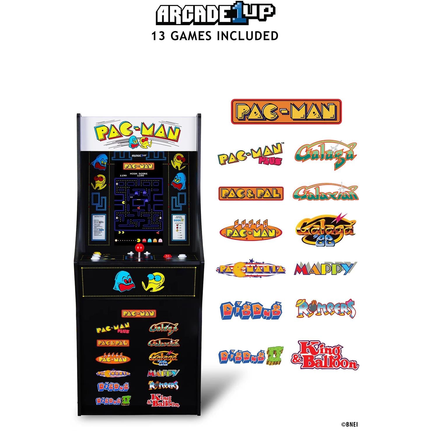 PAC-MAN stand-up arcade cabinet with 13 games included graphic and game list