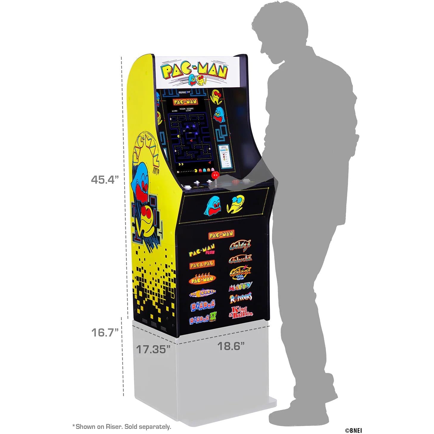 PAC-MAN stand-up arcade cabinet with yellow side, shown with size silhouette and specs