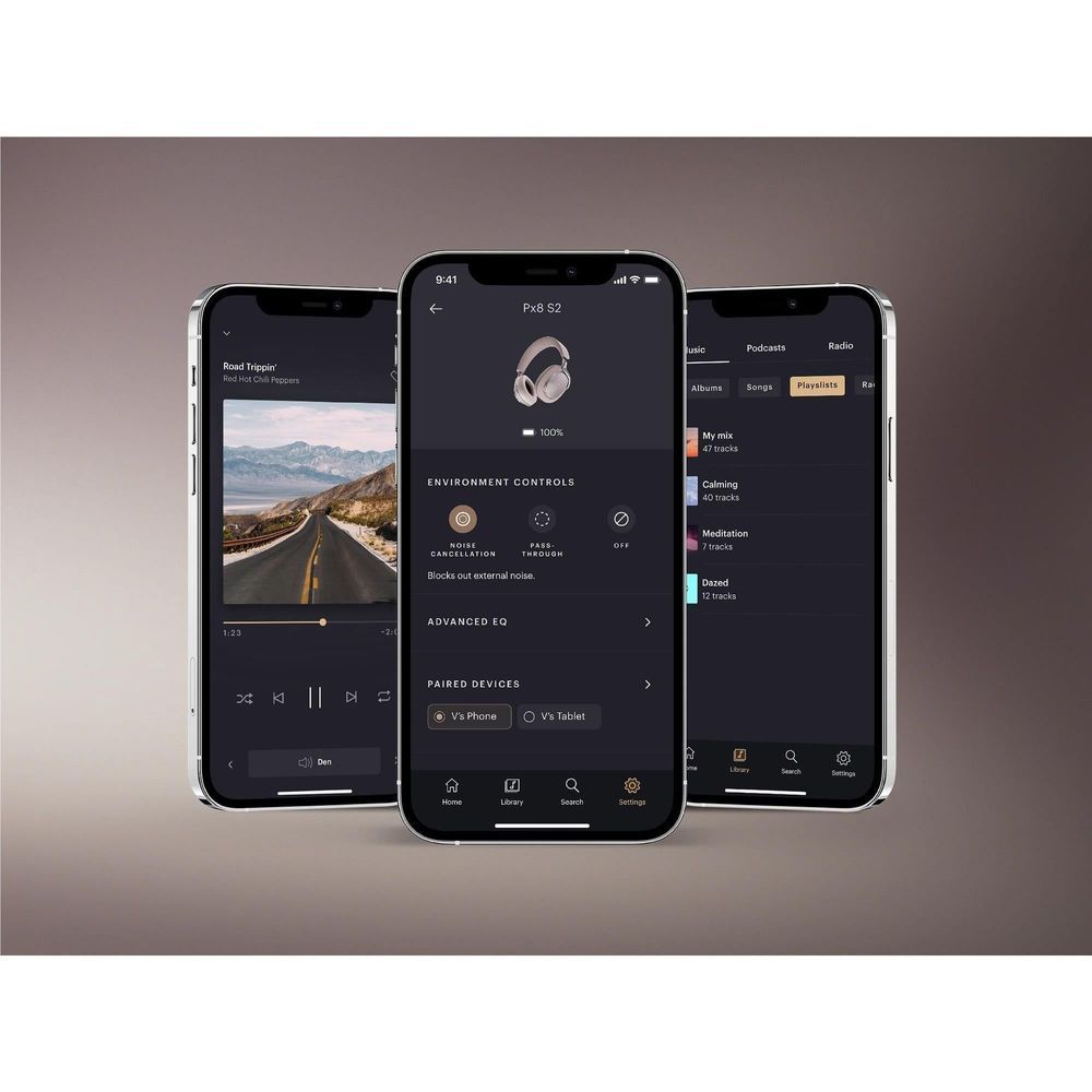 Over-ear headphones with companion app displayed on smartphones