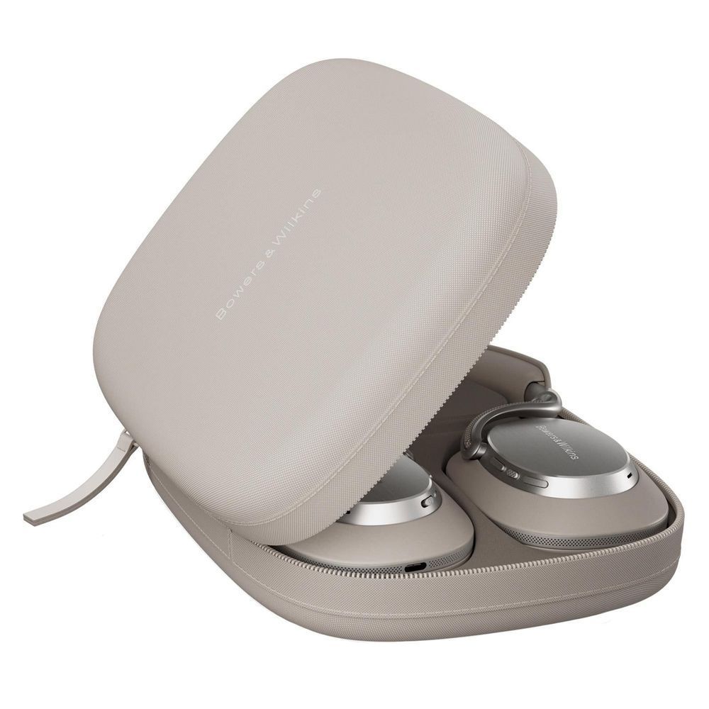 Warm Stone over-ear headphones stored in a protective case, open view