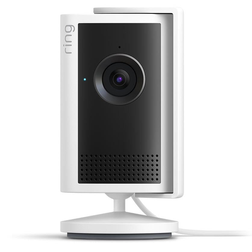 White plug-in indoor security camera with front lens and speaker grille
