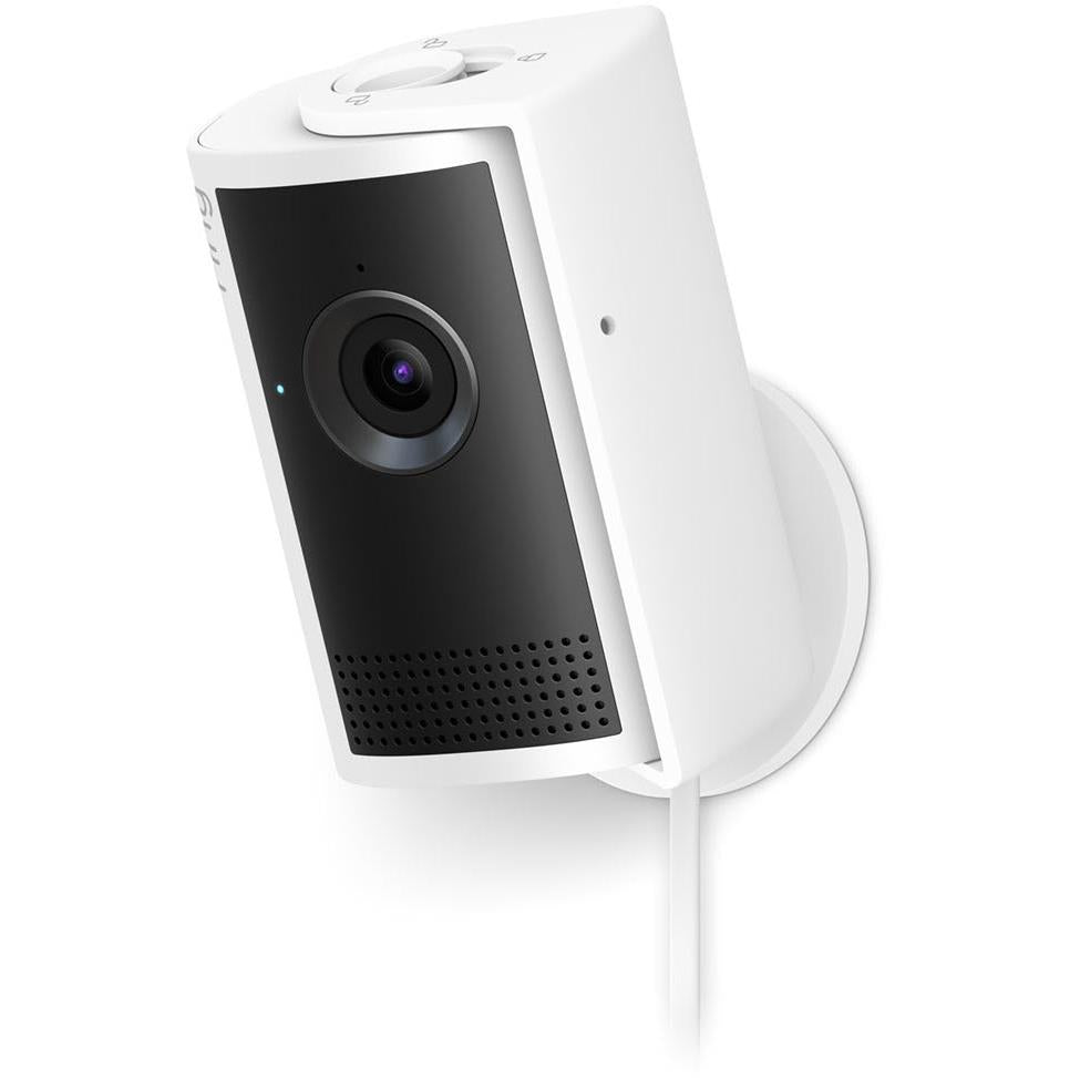 White indoor security camera with black front panel, lens, and curved wall mount